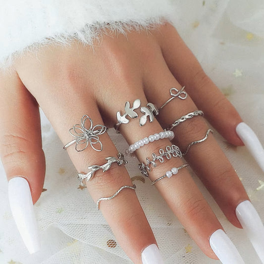 🌸 10-Piece Boho Flower & Pearl Rings Set 💍 | Chic & Stylish 🌸