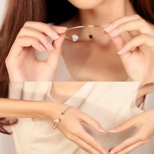 💛 Golden Plated Adjustable Crystal Double Heart Bowknot Bracelet ✨ | Elegant & Romantic Design 💛